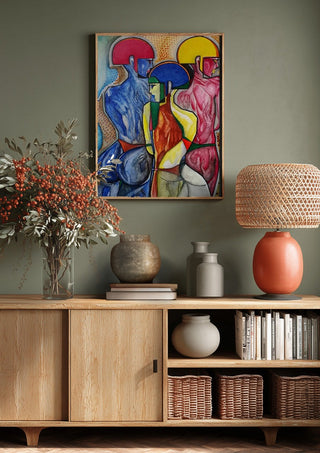 The 3 Graces by inksideme above a wooden sideboard on a sage green wall