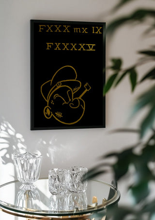 FXXX MX IX FXXXXV by Ali Kasap in a black frame above a glass table with crystal glassware
