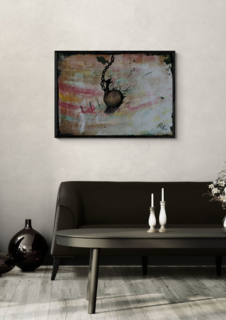 Let's break down all the walls by PeKo in a black frame above a dark sofa with candlesticks on a round table
