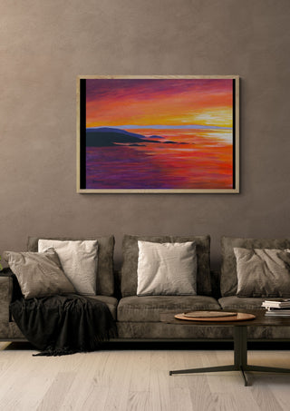 Evening Light by Finbar Stevens Art in a light oak frame above a grey sofa on a warm brown wall