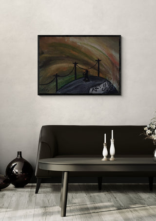 Art is Life - Art as Life by PeKo in a black frame above a dark sofa with candlesticks on a round table