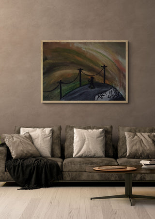 Art is Life - Art as Life by PeKo in a light oak frame above a grey sofa on a warm brown wall