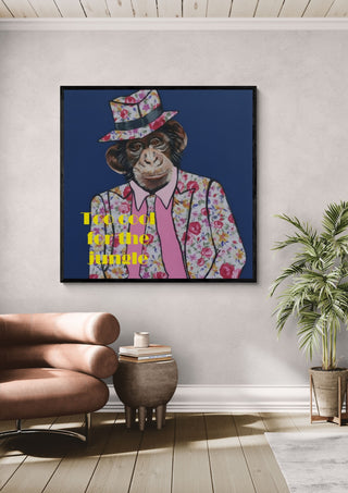 Too cool for the jungle! by creatievananne in a black frame above a leather armchair beside a palm