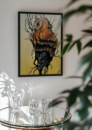 Between worlds by Lüba in a black frame above a glass table with crystal glassware