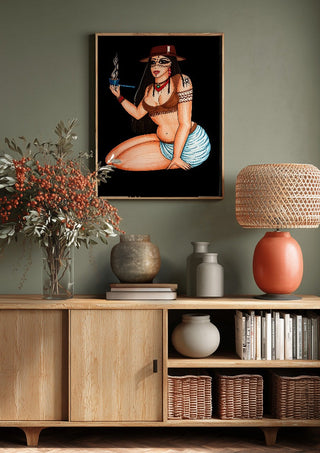 Peacepipe by KaroGaiaArt above a wooden sideboard on a sage green wall