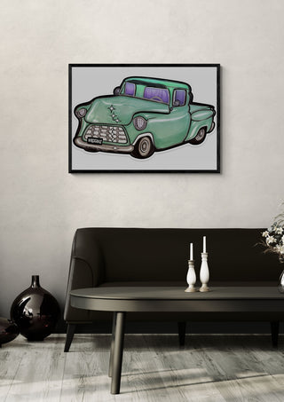 Pickup Truck Chevrolet by KaroGaiaArt in a black frame above a dark sofa with candlesticks on a round table