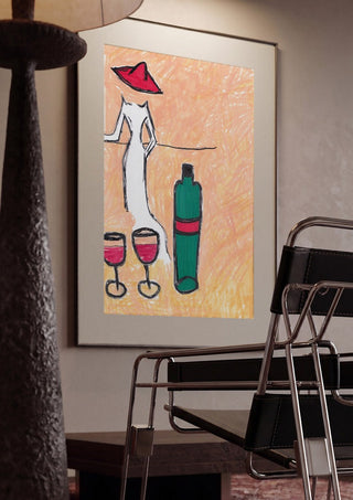 Lady in the Red Hat by Camilla Nilsson framed in a dim room beside a tubular steel chair