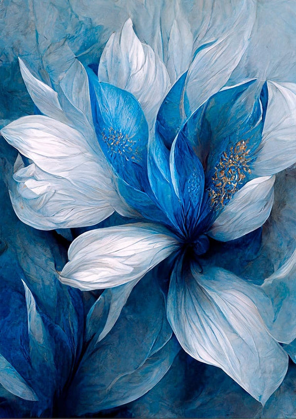 Abstract blue and white flowers with delicate petals, artwork style for Winnie Møller - Blå Blomst 2.