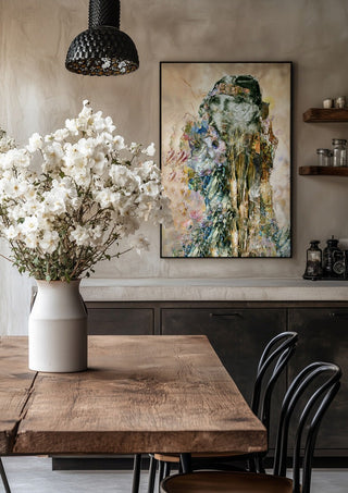 The Little People by Henrik Kock in a black frame above a rustic table with white flowers