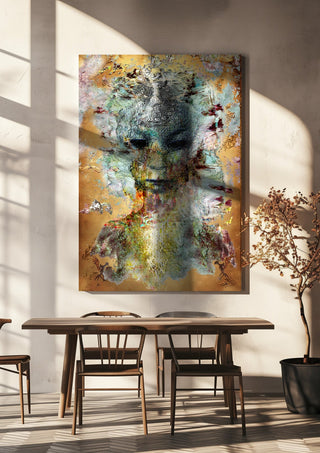 Close my eyes - So I can see by Henrik Kock hanging above a wooden dining table in warm sunlight