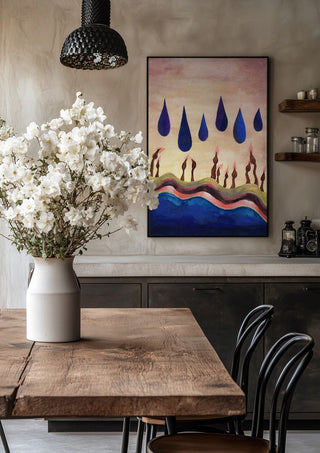 Candles Under Blue Drops by Shimmering Ugly in a black frame above a rustic table with white flowers
