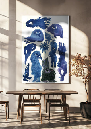 Creatures 2 by Lena Galé hanging above a wooden dining table in warm sunlight