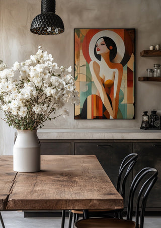 Golden Silence by ArtySjak in a black frame above a rustic table with white flowers