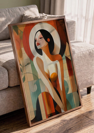 Golden Silence by ArtySjak in a walnut frame leaning against a grey sofa