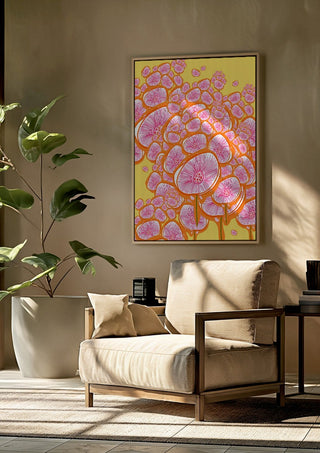 The happy meadow by Creationsbyeditabrus framed above a beige armchair beside a potted plant