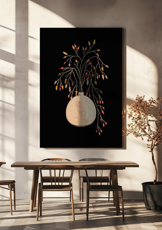 Branches with berries in vase by Creationsbyeditabrus hanging above a wooden dining table in warm sunlight