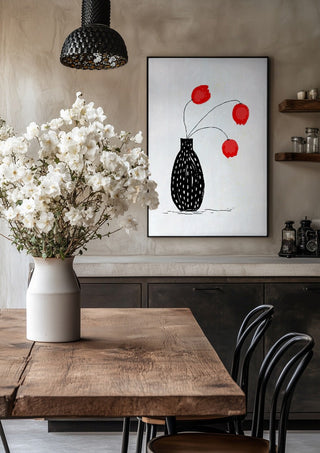 Three happy tulips by Creationsbyeditabrus in a black frame above a rustic table with white flowers