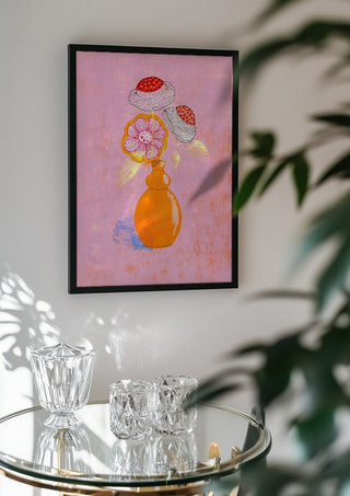 Flowers in an Orange Vase by Creationsbyeditabrus in a black frame above a glass table with crystal glassware