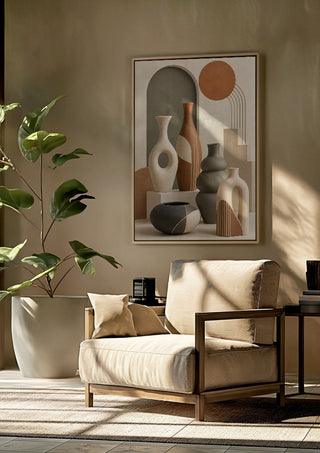 Bohemian Ceramic Vases by TimlessArtworks framed above a beige armchair beside a potted plant