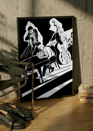 Jazz Quartet by Massimo Frascogna in a black frame leaning against a concrete wall by a steel chair