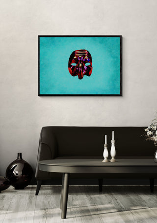 Who is Pulcinella? by Massimo Frascogna in a black frame on a pale wall above a dark sofa with candlesticks
