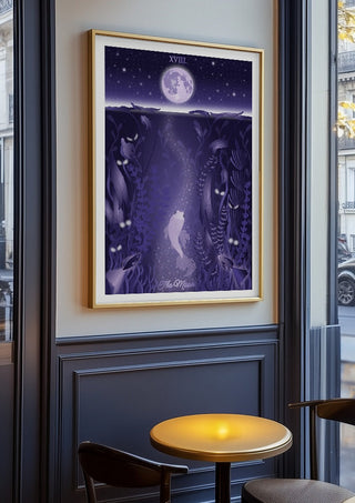 The Moon by Sciurus tarotus in an oak frame on a panelled café wall