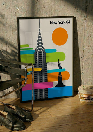 New York 64 by Bo Lundberg in a black frame leaning against a concrete wall by a steel chair