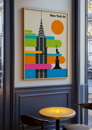 New York 64 by Bo Lundberg in an oak frame on a panelled café wall
