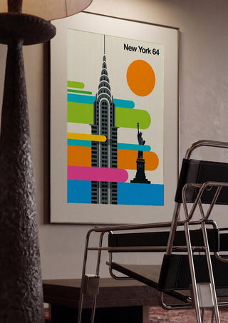 New York 64 by Bo Lundberg framed in a dim room beside a tubular steel chair