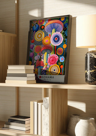 Mushroom and Flower Garden by Yokohama in a dark frame on a wooden shelf beside books and a lamp