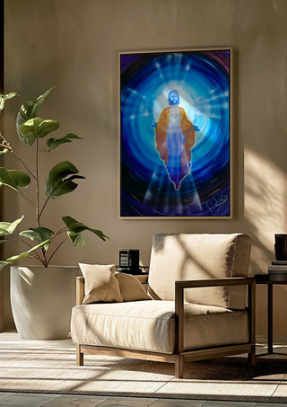 Jesus by Walter Zettl framed above a beige armchair beside a potted plant