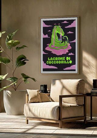 Crocodile Tears by Elisa Albanelli framed above a beige armchair beside a potted plant