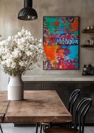 art against the maschine by hazelart in a black frame above a rustic table with white flowers