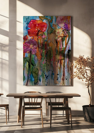 riot garden by hazelart hanging above a wooden dining table in warm sunlight