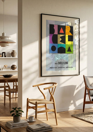 Night Barcelona - Term Signal by Amadeus Fuchs in a black frame in a bright dining room with wooden chairs