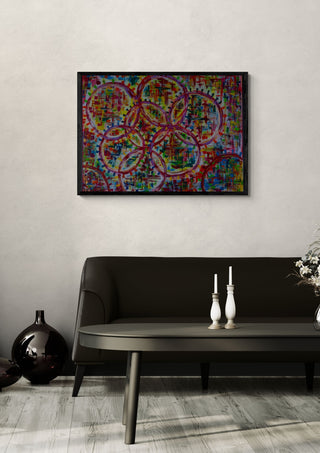Corona by ullimcart in a black frame on a pale wall above a dark sofa with candlesticks