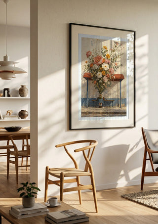 Spring Missed the Bus by Matthews Gallerie in a black frame in a bright dining room with wooden chairs