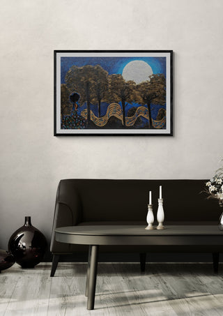 Camino al Baile by Naïve Art by YLR in a black frame on a pale wall above a dark sofa with candlesticks