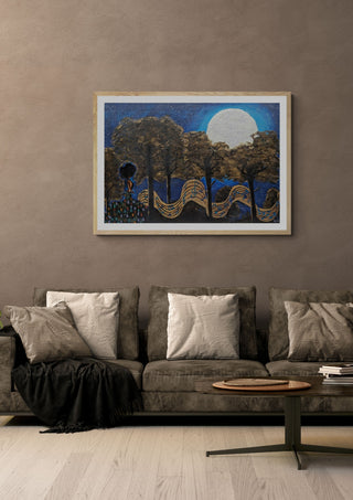 Camino al Baile by Naïve Art by YLR in a light oak frame on a warm grey wall above a brown sofa