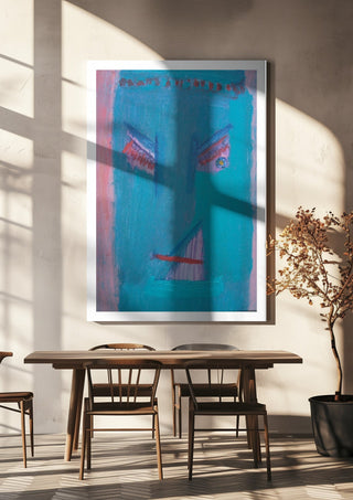 The Joy - De Vreugde by Motaz Nader hanging above a wooden dining table in warm sunlight