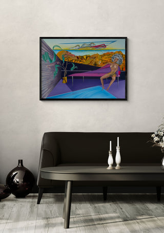 Egentid (Shadowless Times) by Emil Walli in a black frame on a pale wall above a dark sofa with candlesticks