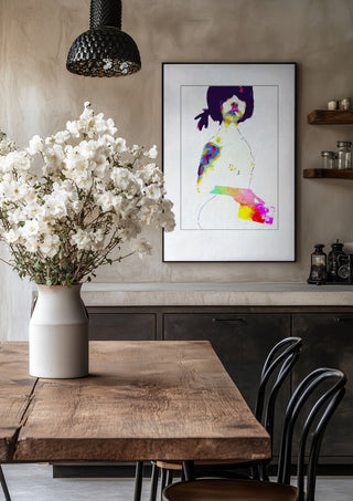 Teenage by Bent Hardervig in a black frame above a rustic table with white flowers