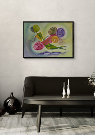 Imperfect Analysis by Emil Walli in a black frame on a pale wall above a dark sofa with candlesticks