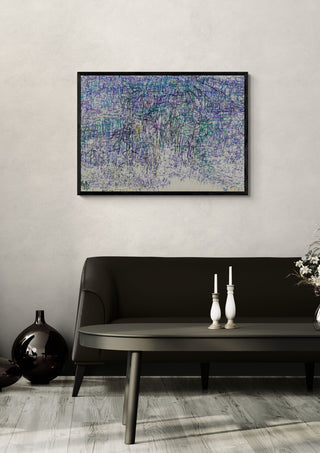 Usual Landscape by Priit Ruttas in a black frame on a pale wall above a dark sofa with candlesticks