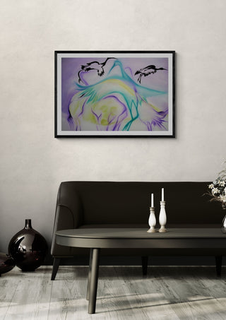 A Vida Animal Despertando by Luis Valquaresma in a black frame on a pale wall above a dark sofa with candlesticks