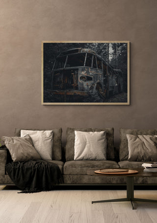 Decay (5) by Lone Gjessing in a light oak frame on a warm grey wall above a brown sofa