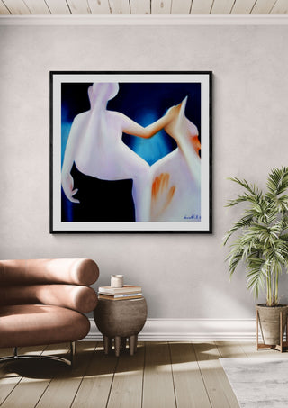 Contact #3 by Luis Valquaresma in a black frame above a tan leather sofa beside a potted palm