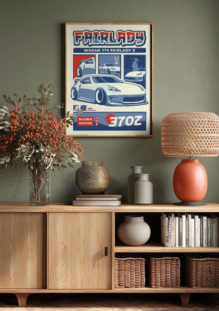 Nissan 370Z by Kaminarirace above a wooden sideboard on a sage green wall