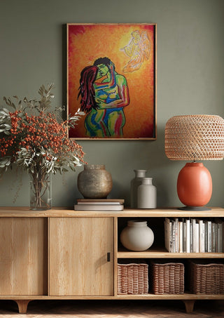 Liebe und Psyche by Olaf Baier above a wooden sideboard on a sage green wall