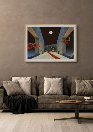 Daydream by Fran Rodriguez in a pale wooden frame above a grey sofa with cushions